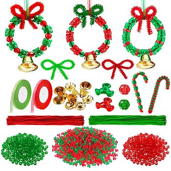 DIY Christmas Theme Jewelry Making Kits, include Triangle Resin Beads, 45Pcs Iron Bell Pendants, 600Pcs Round Acrylic Beads, 120Pcs Chenille Stem Tinsel Garland Craft Wire, Glitter Metallic Ribbon, Mixed Color, 10.5x10x4mm