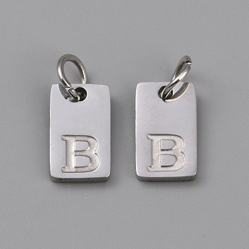304 Stainless Steel Charms, Rectangle with Letter Charm, with Jump Ring, Stainless Steel Color, Letter B, 10x6x1.4mm, Hole: 3.5mm