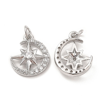 Brass Micro Pave Cubic Zirconia Pendants, with Jump Ring, Moon with Star Charm, Platinum, 16x13.4x4mm, Hole: 2.5mm