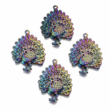 Rainbow Color Alloy Pendants, Cadmium Free & Lead Free, Peacock Shape, 29x22.5x3.5mm, Hole: 1.4mm