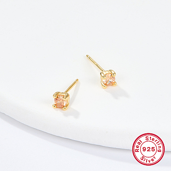Golden Sterling Silver Micro Pave Cubic Zirconia Stud Earring, Square, Light Salmon, 4x4mm