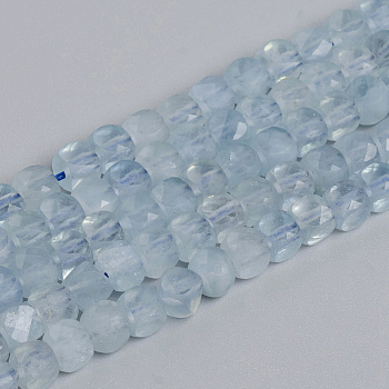 Natural Aquamarine Beads Strands, Faceted, Cube, 4~5x4~5x4~5mm, Hole: 0.7mm, about 72~76pcs/strand, 15.55 inch(39.5cm)