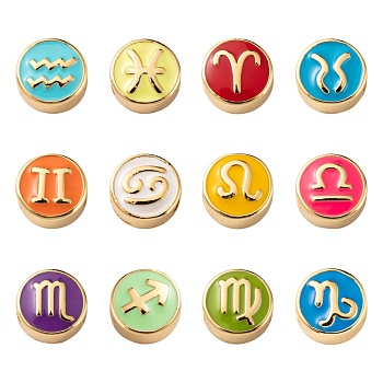 24Pcs 12 Style Brass Enamel Beads, Flat Round with Constellation, Golden, 12 Constellations, 10x5mm, Hole: 4.5x2.5mm, 2pcs/style