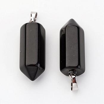 Brass Natural Obsidian Pendants, Bullet, Platinum, Pointed Pendant, 33~36x12mm, Hole: 5x7mm