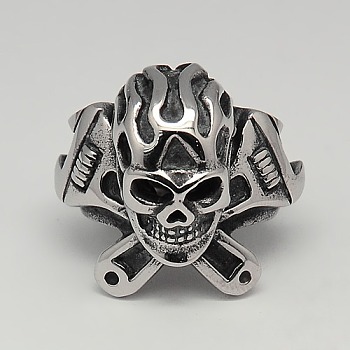 304 Stainless Steel Pirate Style Skull Wide Rings, Antique Silver, 17~23mm