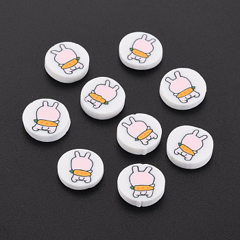 Handmade Polymer Clay Cabochons, Flat Round with Rabbit, White, 9~9.5x1.5~2mm, about 5800pcs/1000g