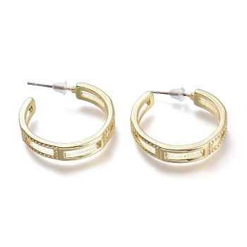 Brass Stud Earrings, Half Hoop Earrings, with 304 Stainless Steel Pins and Plastic Ear Nuts, Ring, Real 18K Gold Plated, 28x5mm, Pin: 0.7mm