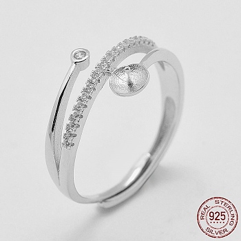 Adjustable Rhodium Plated 925 Sterling Silver Ring Components, For Half Drilled Beads, with Cubic Zirconia, Size 8, Platinum, 18mm, pin: 0.5mm