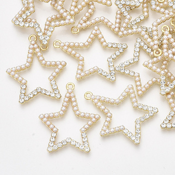 ABS Plastic Imitation Pearl Pendants, with Crystal Rhinestone and Alloy Findings, Star, Light Gold, 33.5x28x3mm, Hole: 1.8mm