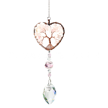 Big Pendant Decorations, Hanging Sun Catchers, with Rose Quartz Beads and K9 Crystal Glass, Heart with Tree of Life, 35.5cm