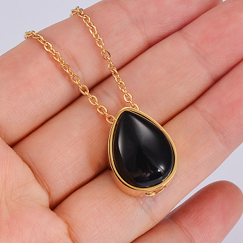Natural Black Agate Teardrop Urn Ashes Pendant Necklace, Stainless Steel Memorial Jewelry for Women, Golden, 19.69 inch(50cm)