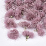 Faux Mink Fur Tassel Pendant Decorations, with Alloy Findings, Antique Golden, Pale Violet Red, 20~30x28~30mm, Hole: 1.8mm(X-FIND-S300-37R)