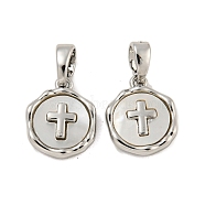 Brass Pave Shell Charms, Flat Round with Cross Charm, Platinum, 12x10x2.5mm, Hole: 4.8x2.7mm(KK-G490-35P)