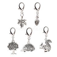 5Pcs 5 Styles Autumn Alloy Pendants Decorations Set, Hedgehog & Tree & Leaf & Pine Cone & Squirrel Lobster Clasp Charms, Clip-on Charm, for Keychain, Purse, Backpack Ornament, Antique Silver, 33mm, 1pc/style(HJEW-JM00822)
