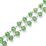 Handmade Electroplate Glass Beaded Chains, with Platinum Plated Iron Eye Pin, Unwelded, Lime Green, 39.37 inch(100cm), Beads: 6x4.5mm(AJEW-JB00528-05)