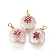 Natural Cultured Freshwater Pearl Pendants, with Cubic Zirconia and Brass Findings, Flat Round with Flower, Golden, Fuchsia, 17~18x12~14mm, Hole: 1.6mm(X-PEAR-I005-10A)