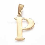 304 Stainless Steel Pendants, Golden, Initial Letter.P, 26x18x1.5mm, Hole: 3x8mm(STAS-F106-95G-P)
