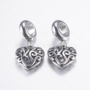 304 Stainless Steel European Dangle Charms, Heart, Large Hole Pendants, Antique Silver, 22mm, Hole: 5mm, Pendant: 11x11x4mm(STAS-P183-35AS)