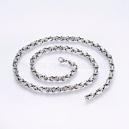 201 Stainless Steel Byzantine Chain Necklaces, with Lobster Claw Clasps, Stainless Steel Color, 23.62 inch(60cm), 4mm(NJEW-F222-11P)