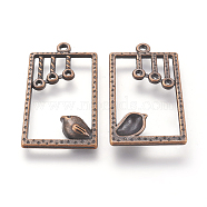 Alloy Pendants, Rectangle with Bird, Lead Free and Cadmium Free, Red Copper, 34x19x2.5mm, Hole: 2mm(EA11655Y-R)