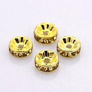 Brass Rhinestone Spacer Beads, Grade A, Straight Flange, Golden Metal Color, Rondelle, Light Colorado Topaz, 6x3mm, Hole: 1mm(RB-A014-Z6mm-14G)