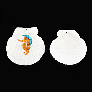 Printed Natural Freshwater Shell Big Pendants, Shell Charm, Orange, Sea Horse Pattern, 55~75x52~70x6~8mm, Hole: 1.4mm(SHEL-N032-235-07)