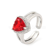 Heart Brass Micro Pave Cubic Zirconia Open Cuff Rings, Long-Lasting Plated, Red, US Size 6(16.5mm)(RJEW-G309-47P-01)