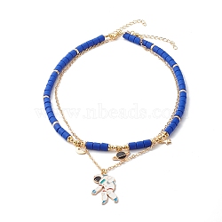 Alloy Enamel Planet & Astronaut Pendant Necklace Set, with Polymer Clay Beads, Blue, 16.93 inch(43cm), 17.91 inch(45.5cm), 2pcs/set(NJEW-JN03622)
