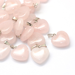 Heart Natural Rose Quartz Pendants, with Platinum Plated Brass Findings, 17~19x15~16x5~8mm, Hole: 2x7mm(X-G-Q371-07)