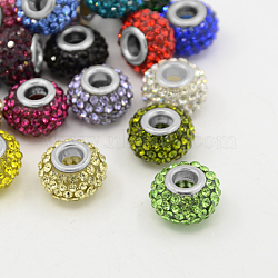Resin Rhinestone European Beads, Large Hole Beads, Rondelle, Platinum Metal Color, Mixed Color, 15x10mm, Hole: 5mm(X-MPDL-J018-P)