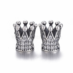 925 Sterling Silver European Beads, Large Hole Beads, with Cubic Zirconia, Carved with 925, Crown, Thai Sterling Silver Plated, 11x9.5mm, Hole: 4mm(OPDL-L017-021TAS)