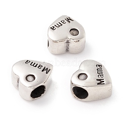 304 Stainless Steel European Beads, Large Hole Beads, Manual Polishing, Heart with Word Mama, Antique Silver, 12x11.5x7mm, Hole: 4.8mm(STAS-M298-10AS)