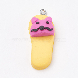Handmade Polymer Clay Pendants, with Iron Findings, Slipper with Animal, Platinum, Yellow, 34~35x14x12mm, Hole: 2mm(X-CLAY-T012-27)