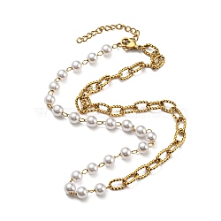 Ion Plating(IP) 304 Stainless Steel Paperclip & Plastic Pearl Beaded Chain Necklaces, Golden, 16.54 inch(42cm)(NJEW-E098-05G)