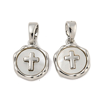 Brass Pave Shell Charms, Flat Round with Cross Charm, Platinum, 12x10x2.5mm, Hole: 4.8x2.7mm