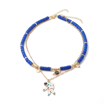 Alloy Enamel Planet & Astronaut Pendant Necklace Set, with Polymer Clay Beads, Blue, 16.93 inch(43cm), 17.91 inch(45.5cm), 2pcs/set