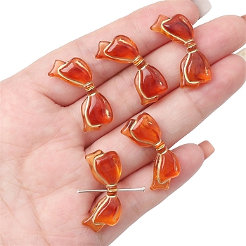Imitation Amber Transparent Acrylic Beads, Chocolate, Metal Enlaced, Bowknot, 14x29x6mm, Hole: 1.6mm, about 15pcs/bag