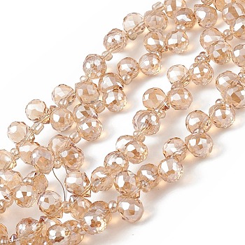 Transparent Electroplate Glass Beads Strands, Faceted, Top Drilled Teardrop, Pearl Luster Plated, Sandy Brown, 8x6~6.5mm, Hole: 0.8mm, about 98~100pcs/strand, 18.90~26.77 inch(48~68cm)