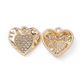 Alloy Rhinestone Pendants, Heart Charm, Light Gold, Crystal, 15x15x3.5mm, Hole: 1.4mm