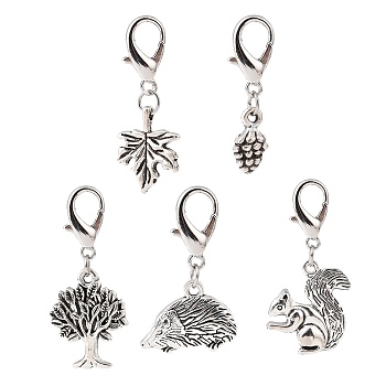 5Pcs 5 Styles Autumn Alloy Pendants Decorations Set, Hedgehog & Tree & Leaf & Pine Cone & Squirrel Lobster Clasp Charms, Clip-on Charm, for Keychain, Purse, Backpack Ornament, Antique Silver, 33mm, 1pc/style
