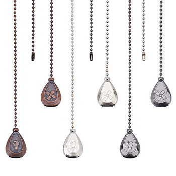 3 Sets 3 Colors Alloy Ceiling Fan Pull Chain Extenders, with Iron Ball Chains, Teardrop with Fan & Bulb Pendant, Mixed Color, 326x3mm, 1 set/color