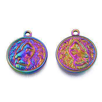 Ion Plating(IP) 201 Stainless Steel Pendants, Flat Round with Human, Rainbow Color, 24x20.5x2.5mm, Hole: 2mm