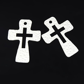Hammered Cross Alloy Pendants, Matte Silver, 50x35x1.5mm, Hole: 3mm