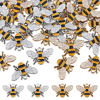 48Pcs 2 Colors Alloy Enamel Pendants, Bee Charm, Mixed Color, 26x17x1.5mm, Hole: 2mm, 24pcs/color