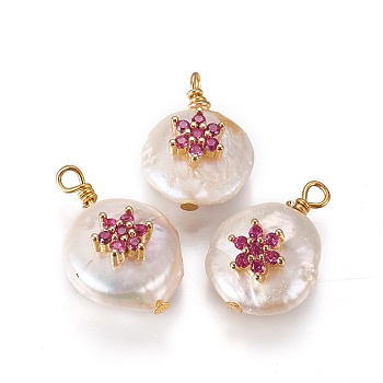 Natural Cultured Freshwater Pearl Pendants, with Cubic Zirconia and Brass Findings, Flat Round with Flower, Golden, Fuchsia, 17~18x12~14mm, Hole: 1.6mm
