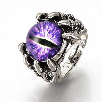 Adjustable Alloy Finger Rings, with Glass Findings, Wide Band Rings, Dragon Eye, Blue Violet, Size 10, 20mm