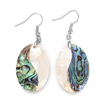 White Shell & Abalone Shell/Paua Shell Dangle Earrings, with Brass Ice Pick Pinch Bails and Earring Hooks, Oval, Platinum, 52.5mm, Pin: 0.7mm