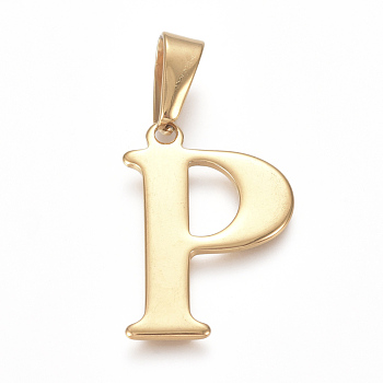 304 Stainless Steel Pendants, Golden, Initial Letter.P, 26x18x1.5mm, Hole: 3x8mm
