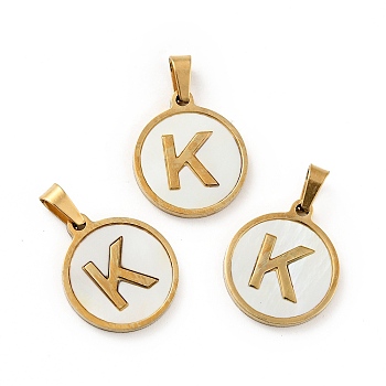 Vacuum Plating 304 Stainless Steel with White Shell Pendants, Golden, Flat Round with Letter Charm, Letter.K, 18x16x1.5mm, Hole: 3x6mm