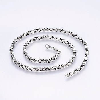 201 Stainless Steel Byzantine Chain Necklaces, with Lobster Claw Clasps, Stainless Steel Color, 23.62 inch(60cm), 4mm